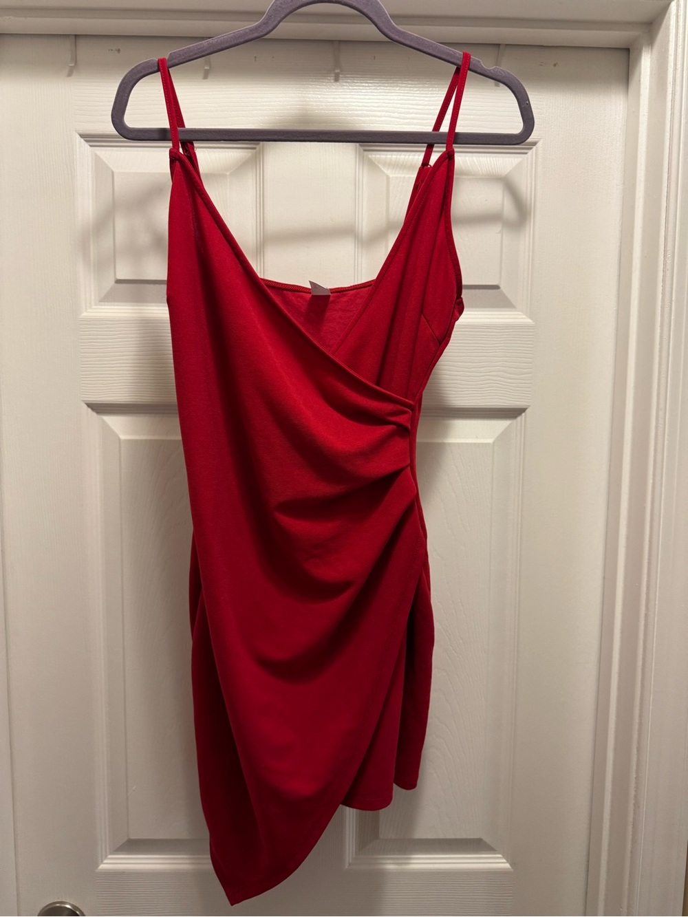 Red Asymmetric Draped Spaghetti-Strap Mini Dress